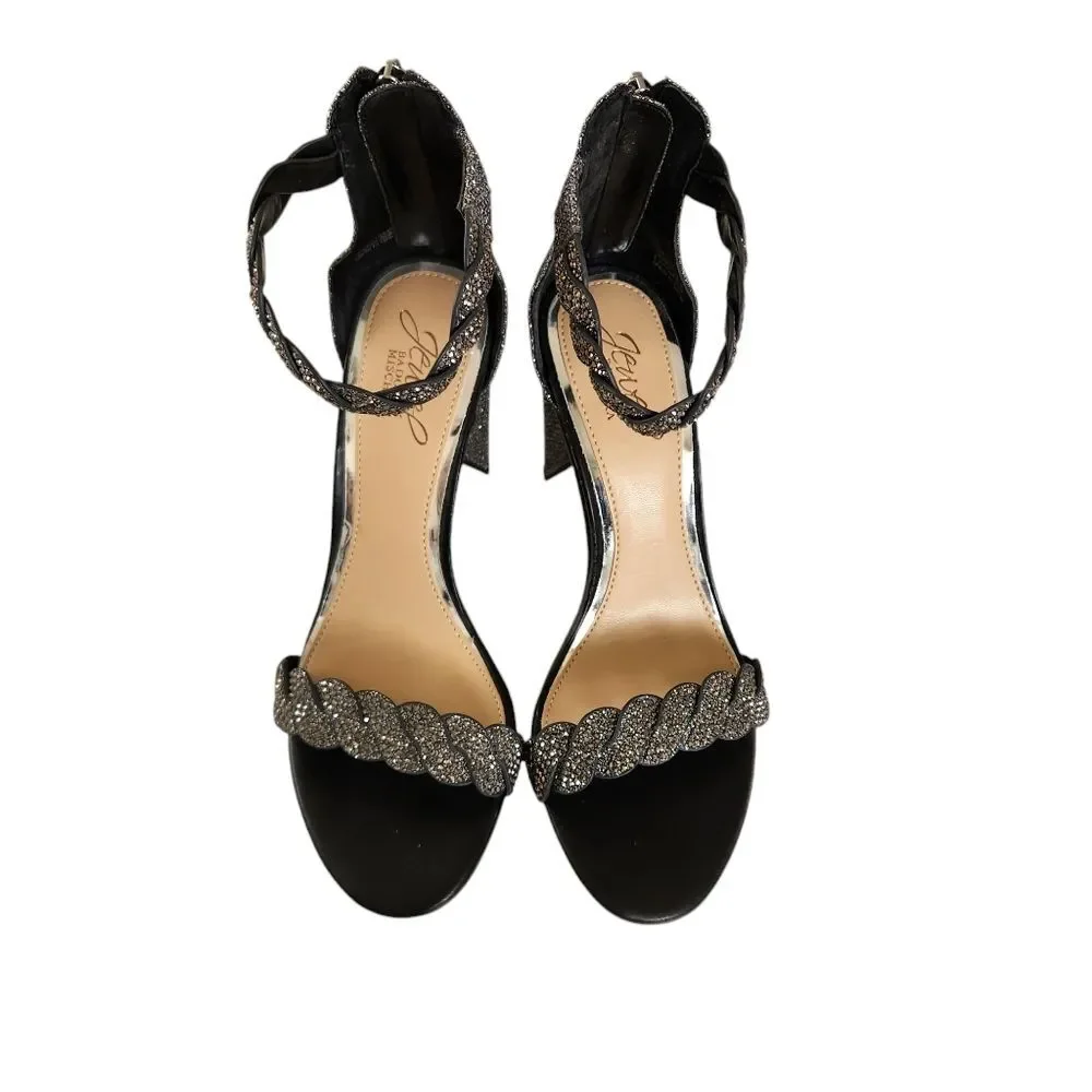 Jewel Badgley Mischka Crystal Braided Block Heel Open Toe Sandals Size 7 Wedding